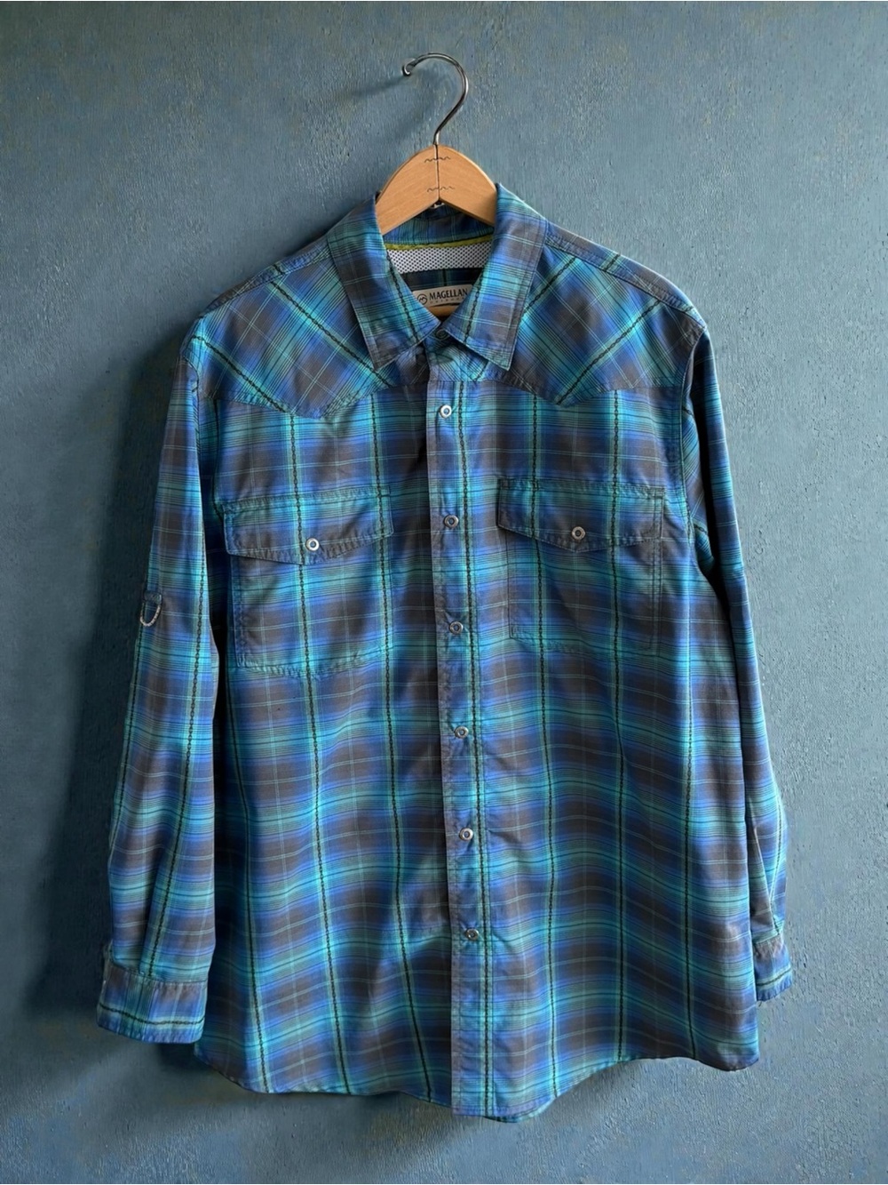 Magellan Outdoors Blue and Green Plaid Button-Down Shirt